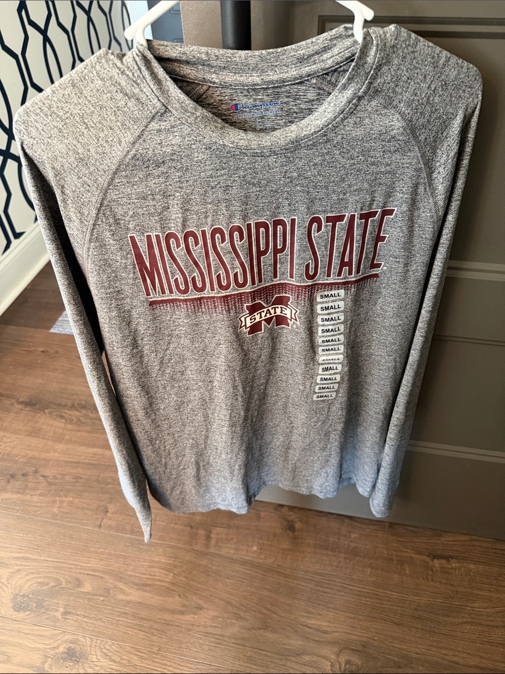 Champion Gray Heather Crewneck with Maroon Logo Detail